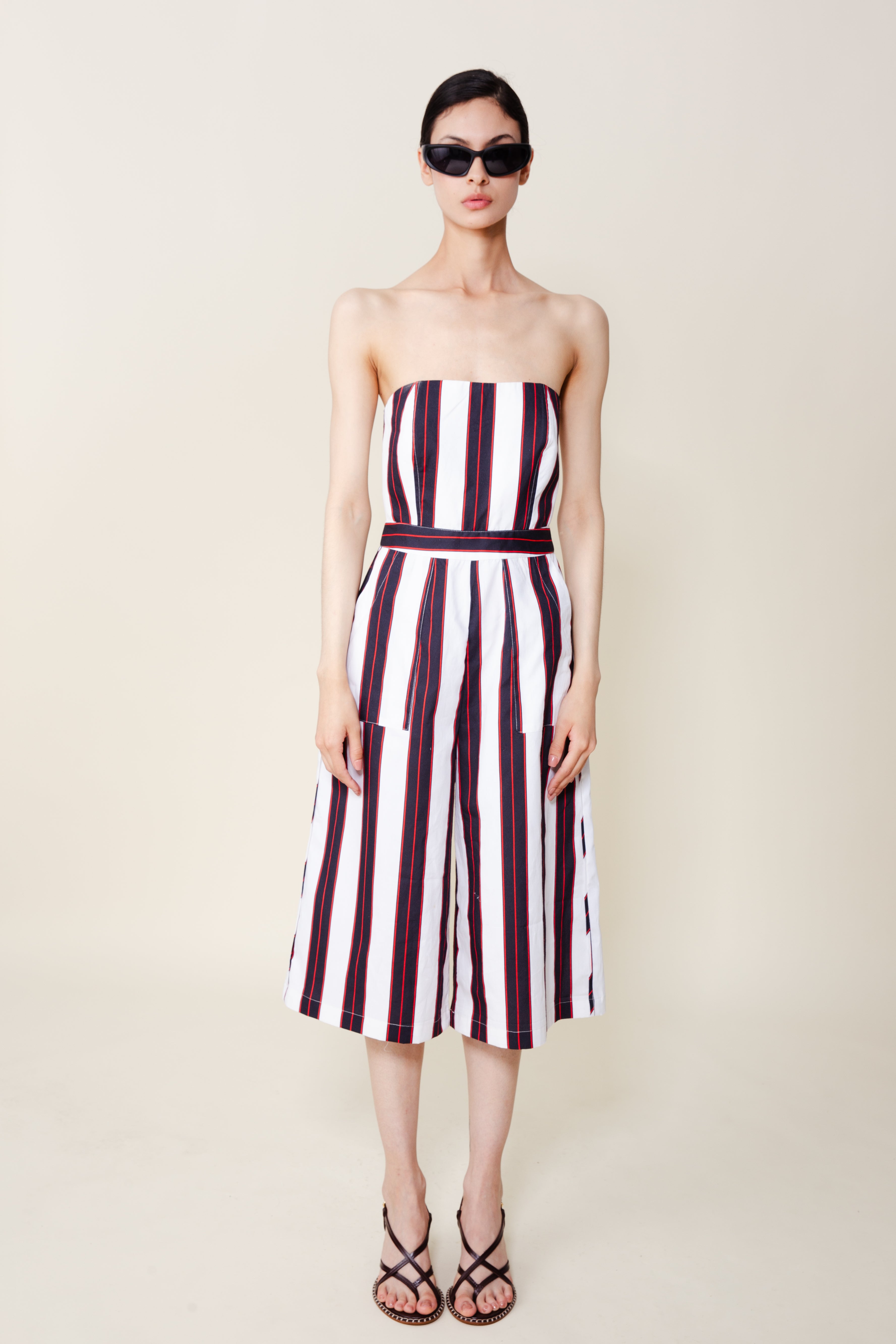 Calla Strapless Jumpsuit in Navy/Red Stripe