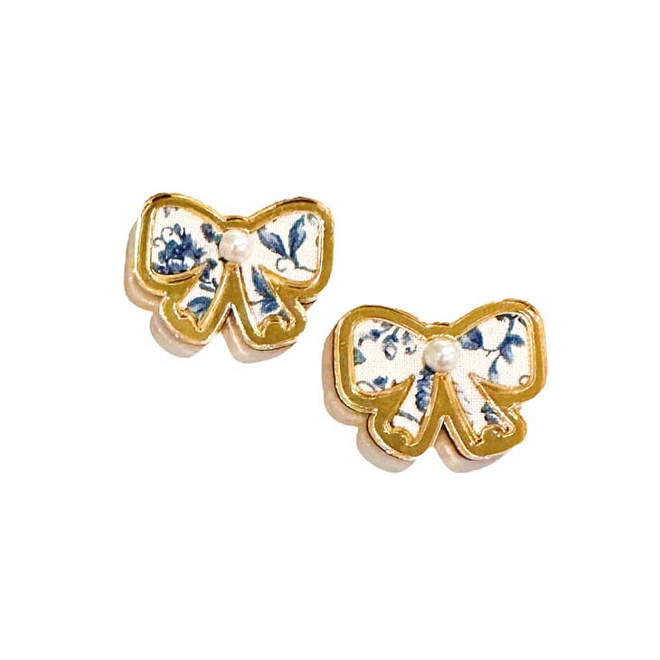 Floral Bow Stud Earrings in Blue