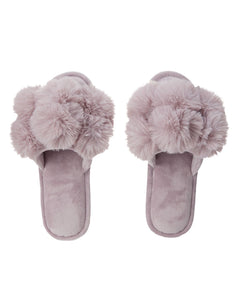 Luxe Pom Pom Open Toe Slippers in Lavender