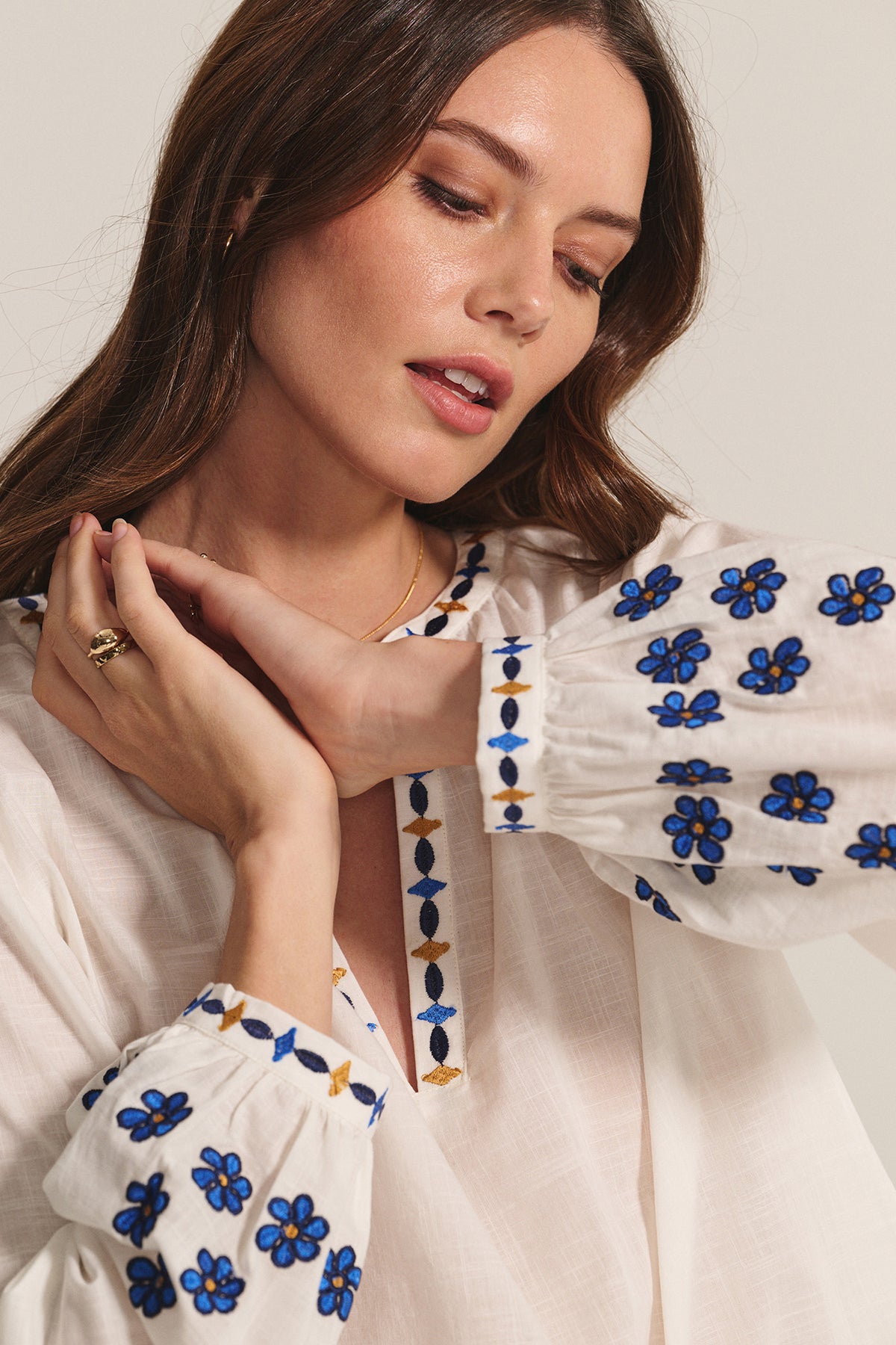 Amani Long Sleeve Embroidered Top in Cream