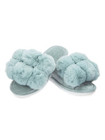 Load image into Gallery viewer, Luxe Pom Pom Open Toe Slippers in Sea Blue
