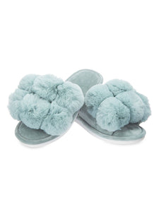 Luxe Pom Pom Open Toe Slippers in Sea Blue