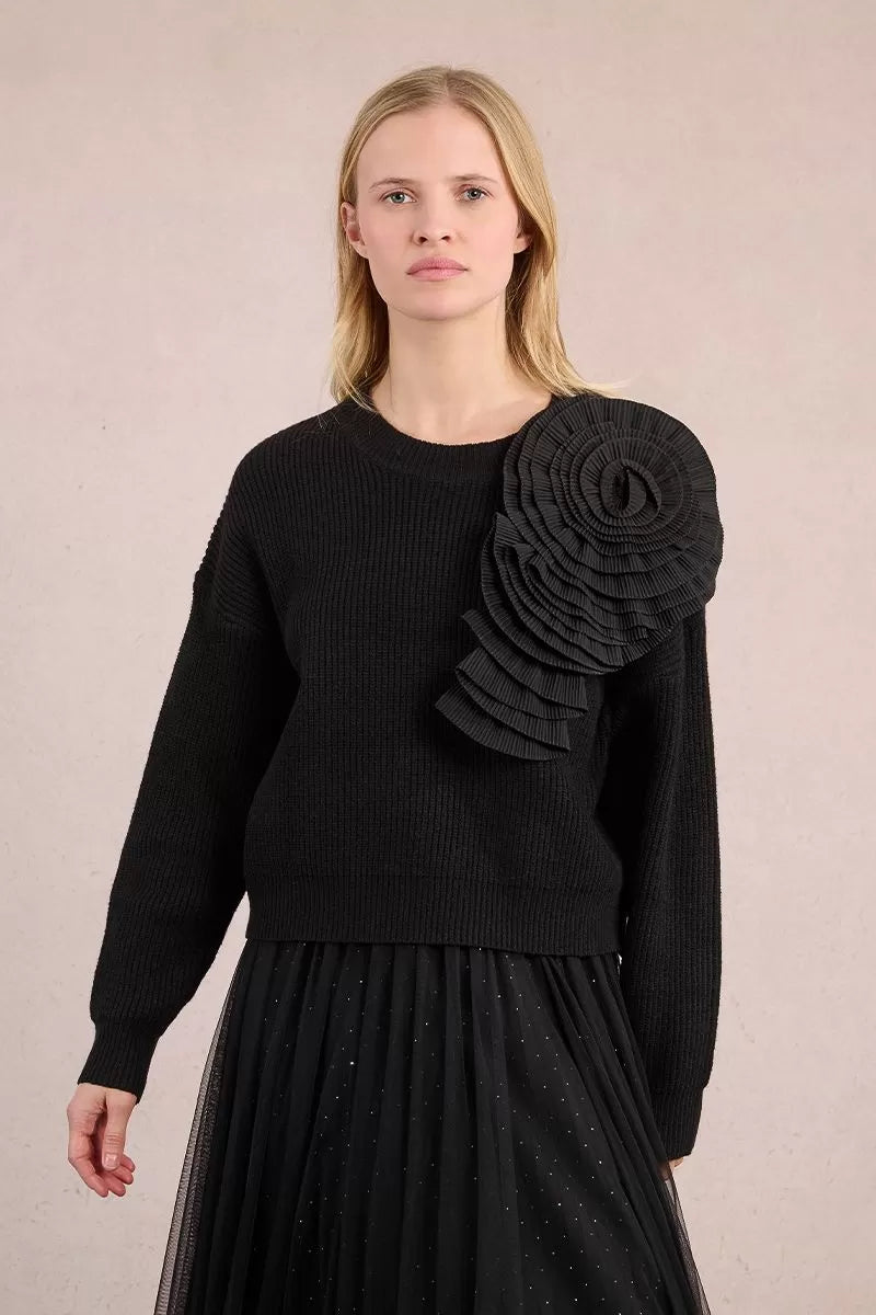 Asymmetrical Rose Sweater in Black