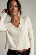 Load image into Gallery viewer, Fiona Recycled Cotton Long Sleeve V-Neck in Sugar
