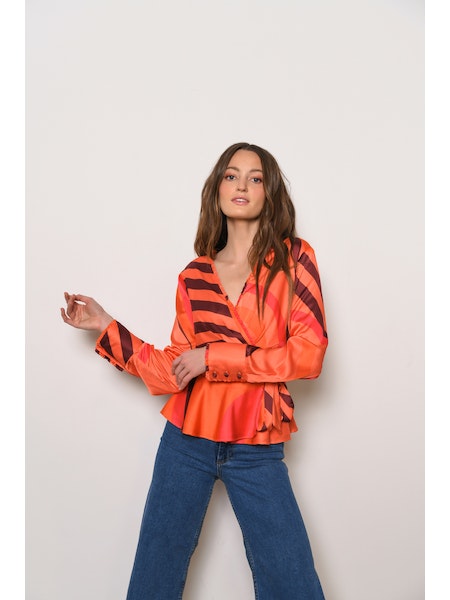 Veta Wrap Blouse in Coral Retro Geo