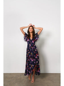 Zola Maxi Wrap Dress in Navy Watercolor Floral