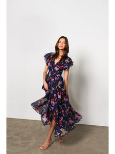 Zola Maxi Wrap Dress in Navy Watercolor Floral