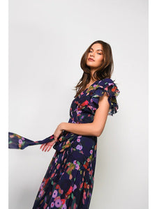 Zola Maxi Wrap Dress in Navy Watercolor Floral