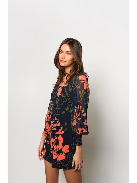 Elaine Square Neck Mini Dress in Navy Three Tone Floral