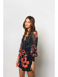 Elaine Square Neck Mini Dress in Navy Three Tone Floral