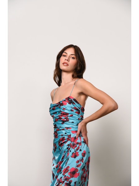 Luxe Ruched Bodice Slim Gown in Watercolor Floral