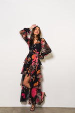 Load image into Gallery viewer, Bardot Wrap Dress in Black Romantic Watercolor

