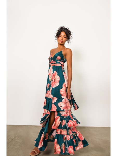 Guthrie Tie Back Maxi Dress in Emerald Vining Painted Floral