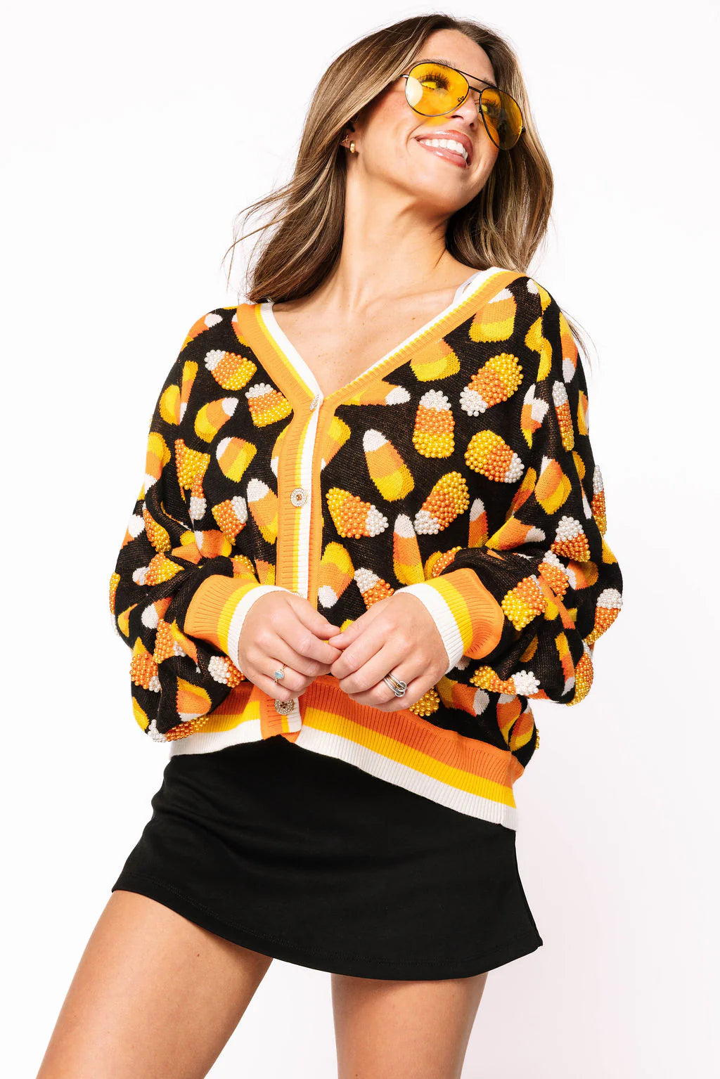 Pearl Candy Corn Cardigan in Black
