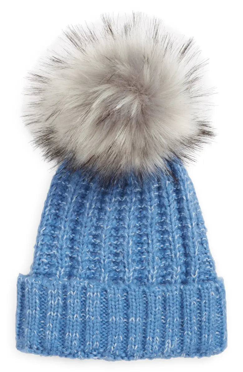 Fold Up Faux Fur Pom Beanie in Blue