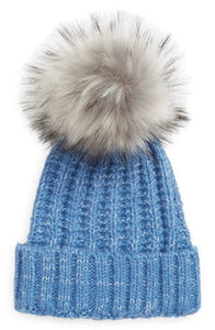 Fold Up Faux Fur Pom Beanie in Blue