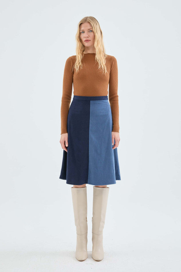 Two Tone Corduroy Midi Skirt in Blue