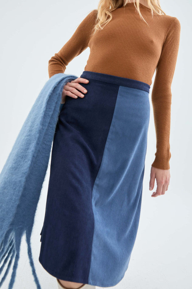 Two Tone Corduroy Midi Skirt in Blue