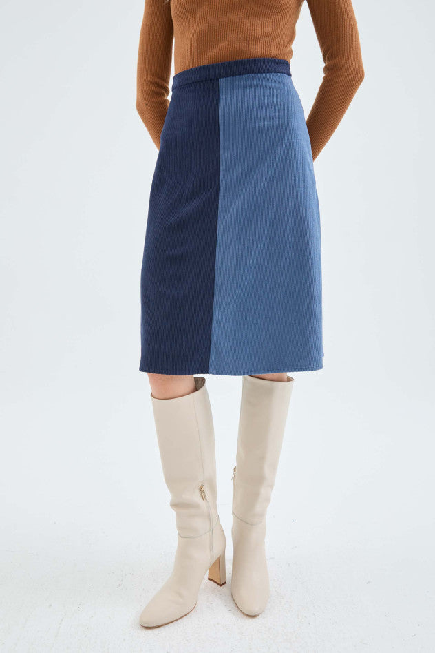 Two Tone Corduroy Midi Skirt in Blue