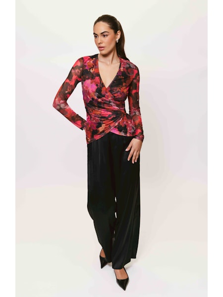 Evia Faux Wrap Blouse in Abstract Pink Multi
