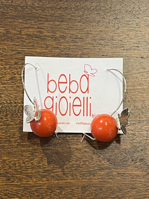 Large Ball Earrings in Salmon Red with Silver Butterfly