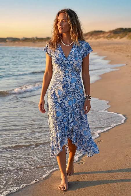 blue wrap dress maxi Erika Pea VERO BOHEMIAN WOMENS MAXI DRESS MOROCCAN BLUE / S/M