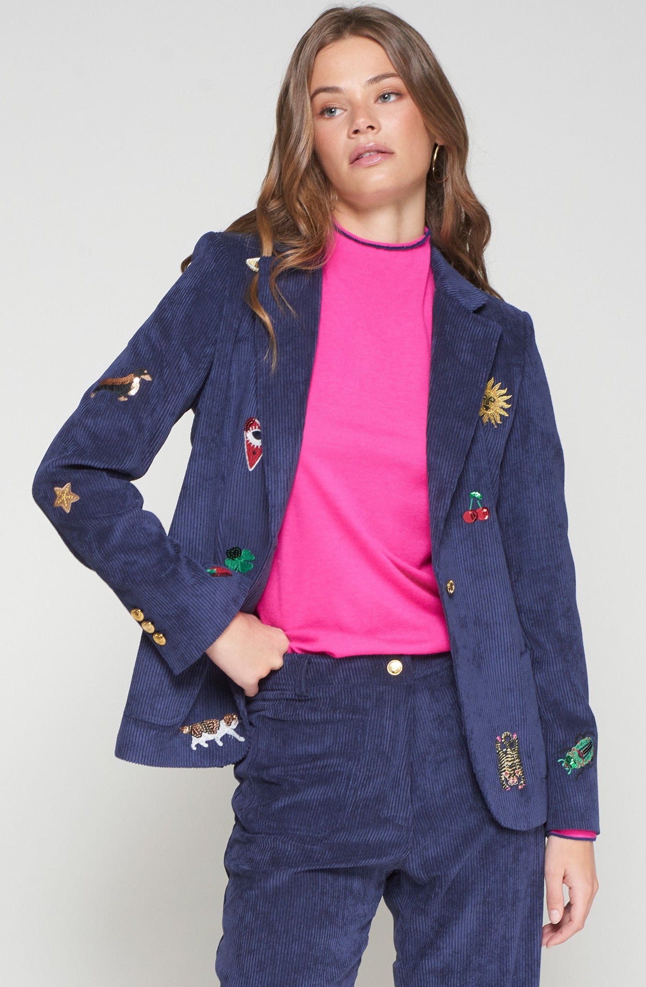 Gadea Corduroy Embroidery Blazer in Pana Navy