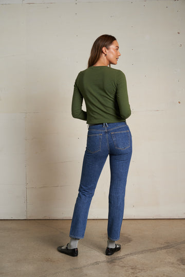 Jamie Recycled Cotton Long Sleeve Crew in Fern Green
