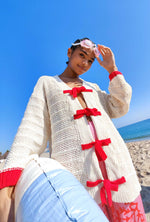 Load image into Gallery viewer, Tramontana Cardigan Sweater in Ivory/Red
