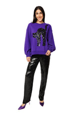 Load image into Gallery viewer, Flower Cat Sweatshirt in Purple and Black Sequin
