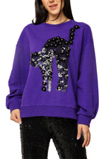 Load image into Gallery viewer, Flower Cat Sweatshirt in Purple and Black Sequin
