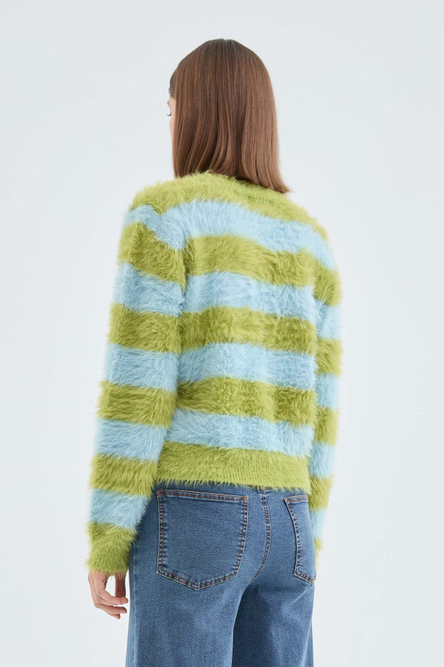 Fuzzy Striped Sweater in Blue/Green