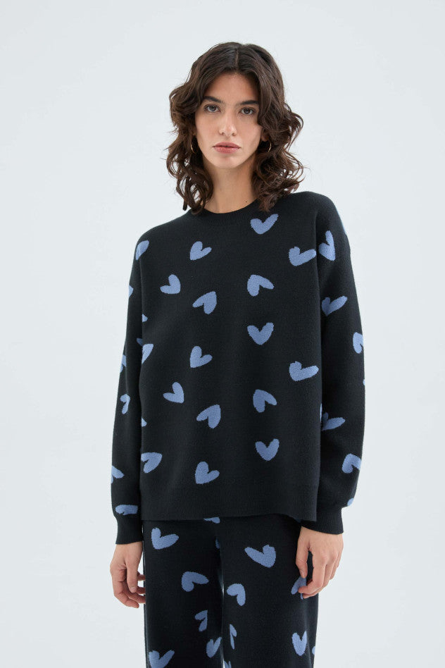 Knit Tunic Sweater in Blue Heart Print