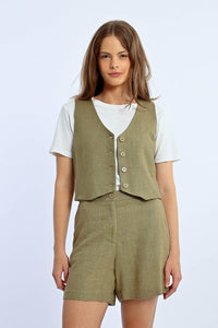 High Waisted Linen Shorts in Khaki