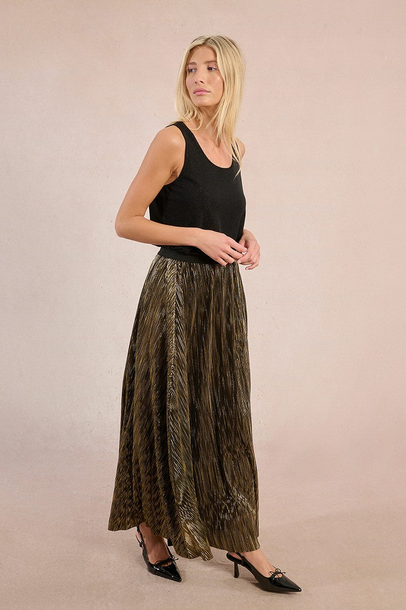 Pleated Metallic Maxi Skirt in Gold