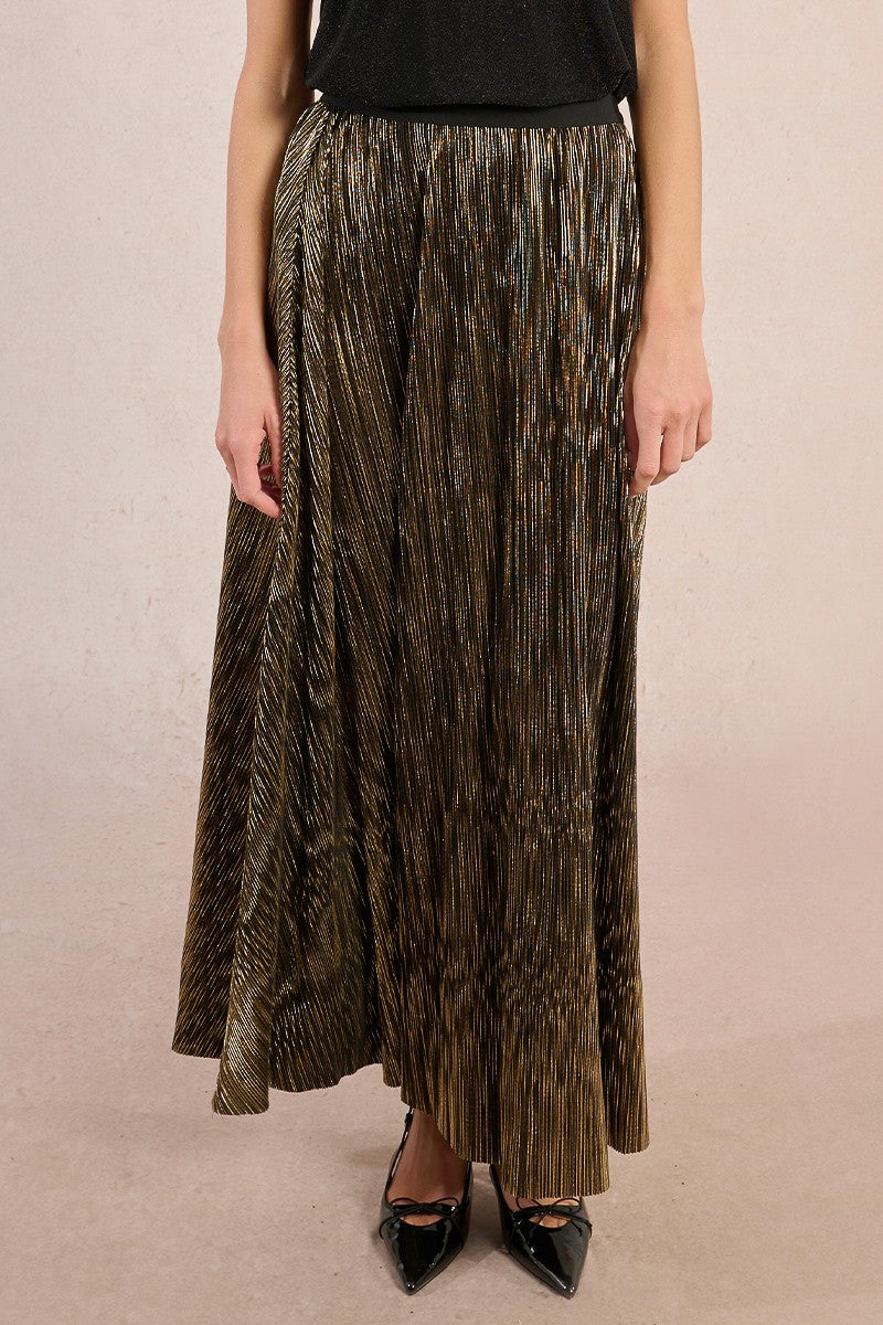 Pleated Metallic Maxi Skirt in Gold