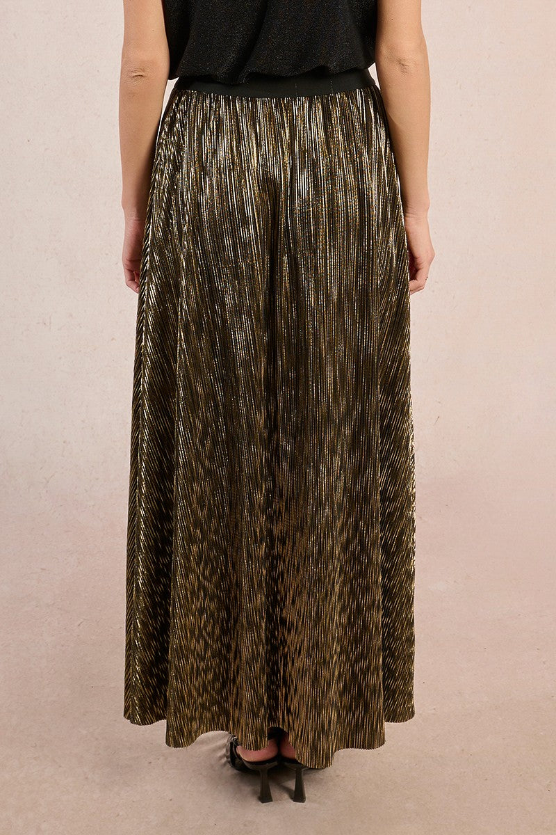 Pleated Metallic Maxi Skirt in Gold