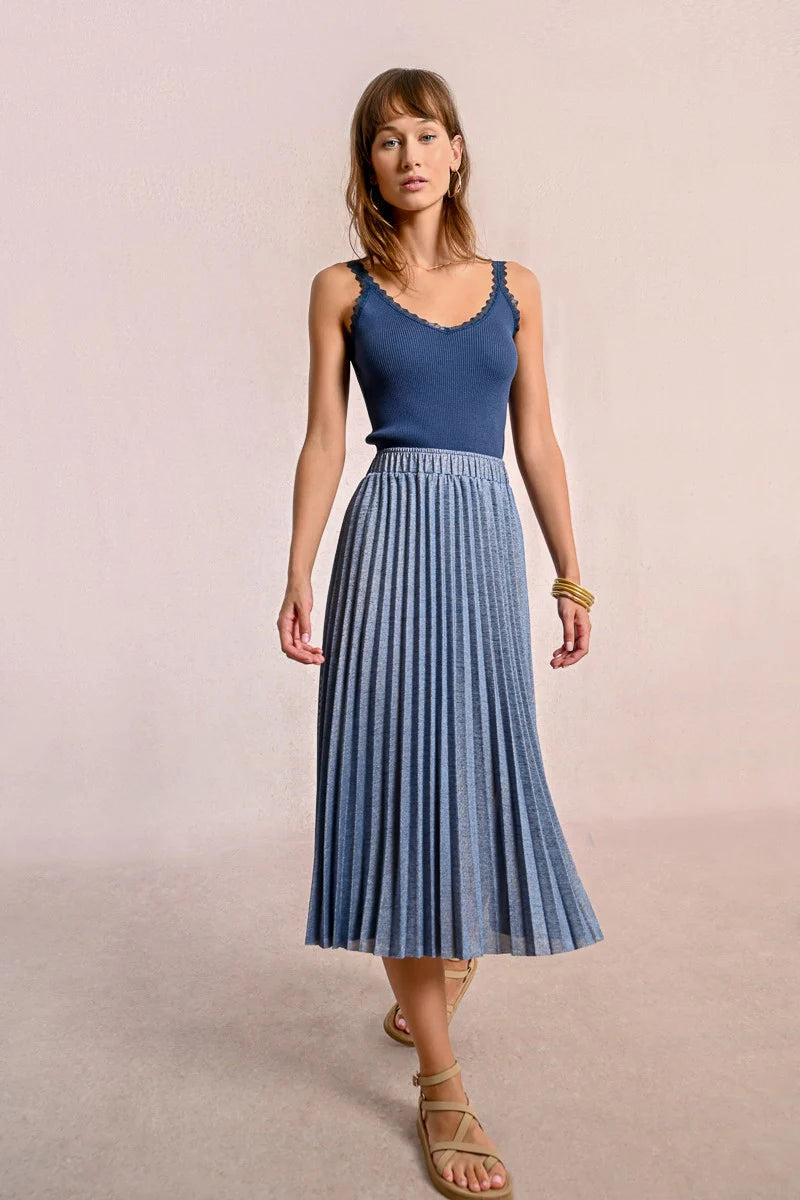 Pleated Knit Maxi Skirt in Iridescent Blue