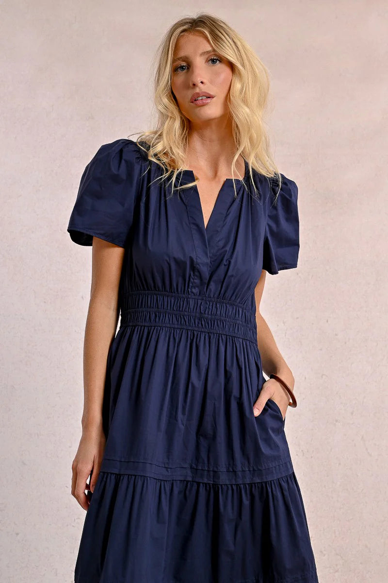 Long Tiered Poplin Maxi Dress in Navy