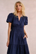 Load image into Gallery viewer, Long Tiered Poplin Maxi Dress in Navy
