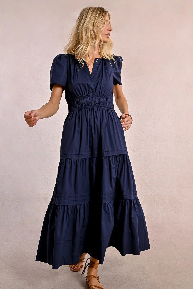 Long Tiered Poplin Maxi Dress in Navy