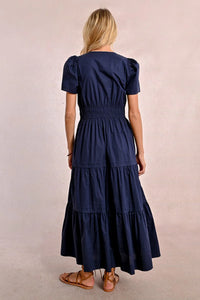 Long Tiered Poplin Maxi Dress in Navy