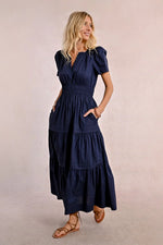 Load image into Gallery viewer, Long Tiered Poplin Maxi Dress in Navy
