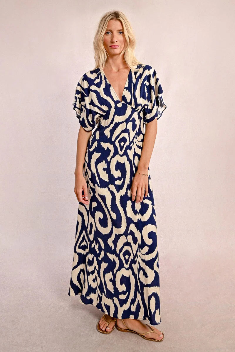 Printed Maxi Dress in Thais Navy