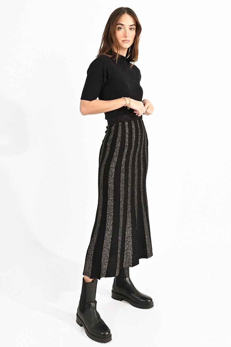 Lurex Stripe Sweater Skirt in Black