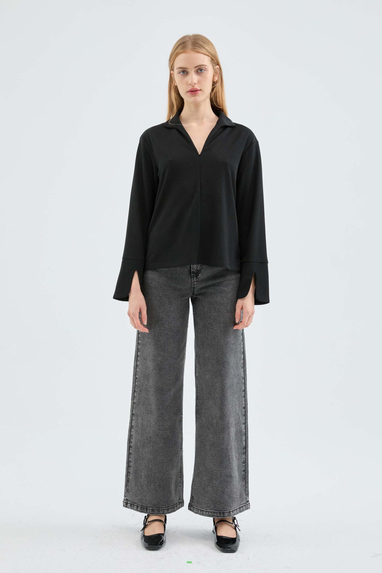 Lapel Collar Ribbed Knit Top in Black