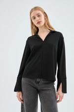 Load image into Gallery viewer, Lapel Collar Ribbed Knit Top in Black
