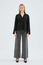 Load image into Gallery viewer, Lapel Collar Ribbed Knit Top in Black

