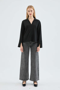 Lapel Collar Ribbed Knit Top in Black