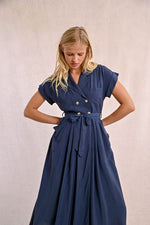 Load image into Gallery viewer, Trench Midi Shirt Dress in Navy Blue
